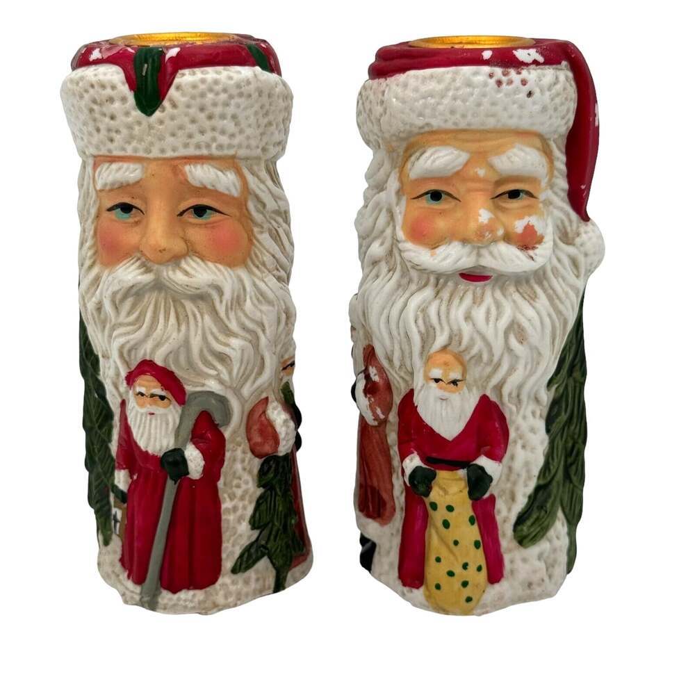 Old World Santa Claus Candle Holder 5.75" Christmas Figurine Taper Set of 2 VTG